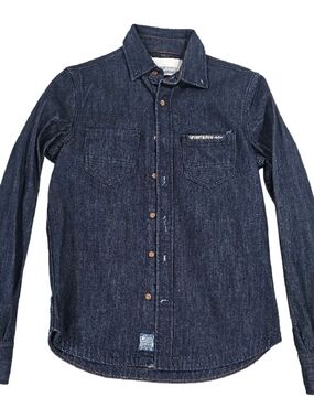 Superdry Long Sleeve Button Down Dark Indigo Blue Denim Shirt Medium 100% Cotton